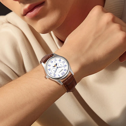 BERNY Watches for Men Moon Phase Quartz Men's Watch Day and Date Calendar Easy Read Vintage-Style Business Dress Wristwatch