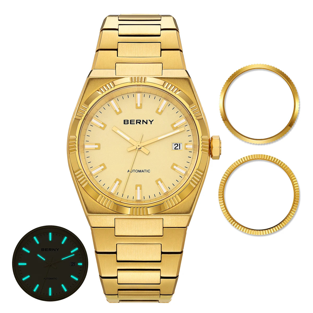 Montre automatique pour homme BERNY, dorée, verre saphir, aiguilles luminescentes, 100 % originale, équipée d'un mouvement PT5000, revêtement antireflet, modèle de luxe avec lunette interchangeable, étanche 5 ATM.