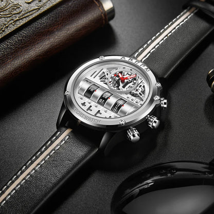 Luxury Electronic Quartz Watch For Men Business Watches Male Creative Men WristWatch Unique Rotate Date Leather Strap Watches
