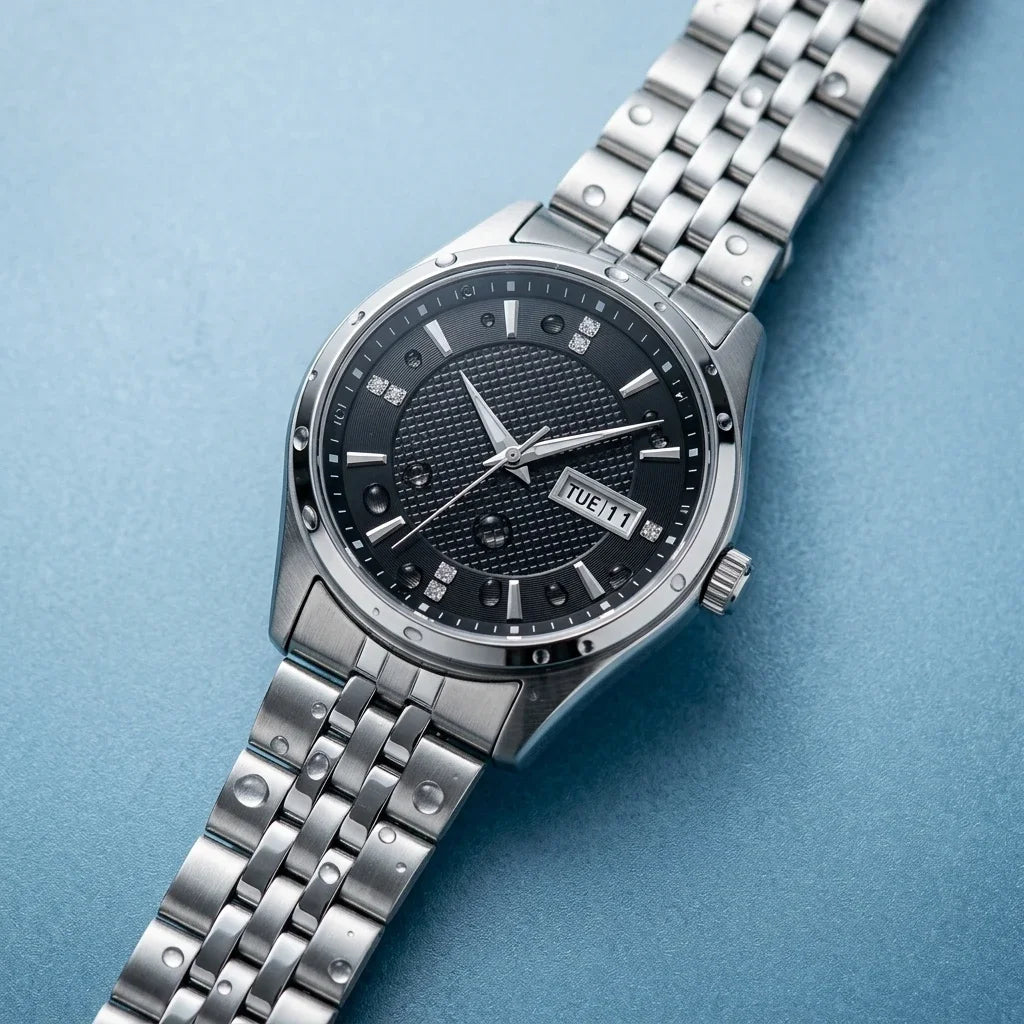 Orient automatisch mechanisch herenhorloge, met dubbele kalender (datum en dag van de week), kristallen indexen en roestvrijstalen armband – Polshorloge in professionele stijl