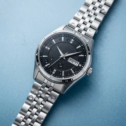 Orient automatisch mechanisch herenhorloge, met dubbele kalender (datum en dag van de week), kristallen indexen en roestvrijstalen armband – Polshorloge in professionele stijl