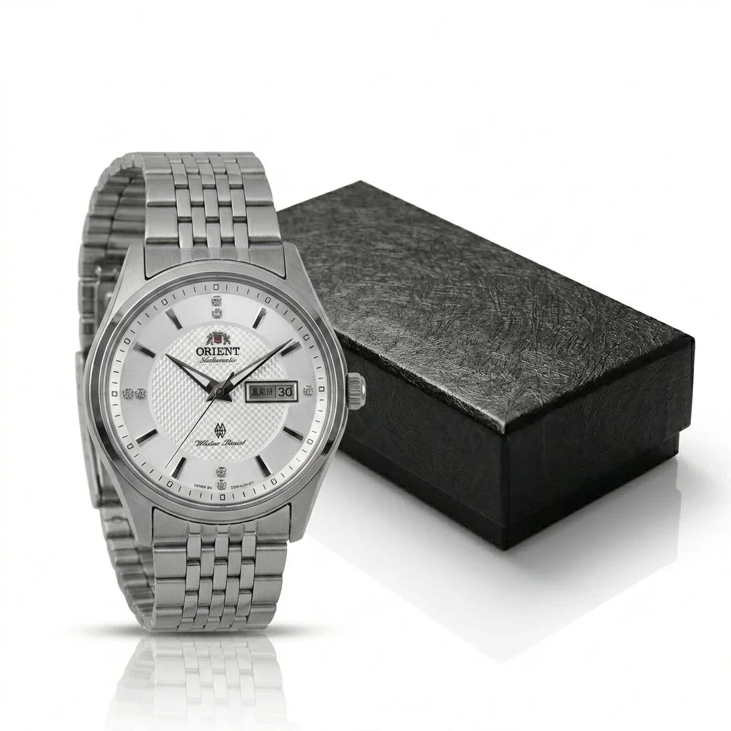 Orient automatisch mechanisch herenhorloge, met dubbele kalender (datum en dag van de week), kristallen indexen en roestvrijstalen armband – Polshorloge in professionele stijl
