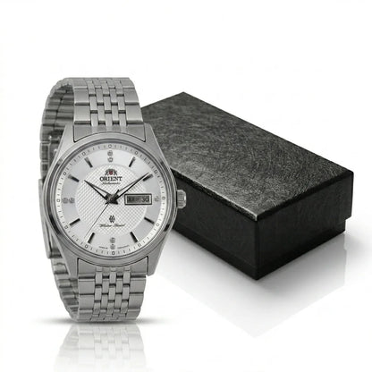 Orient automatisch mechanisch herenhorloge, met dubbele kalender (datum en dag van de week), kristallen indexen en roestvrijstalen armband – Polshorloge in professionele stijl