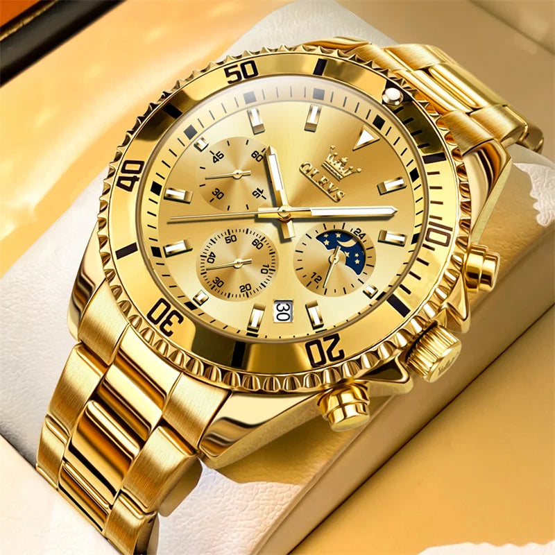 Reloj OLEVS para hombre, marca de lujo, reloj militar de cuarzo dorado, resistente al agua, fecha luminosa, caja de acero inoxidable.