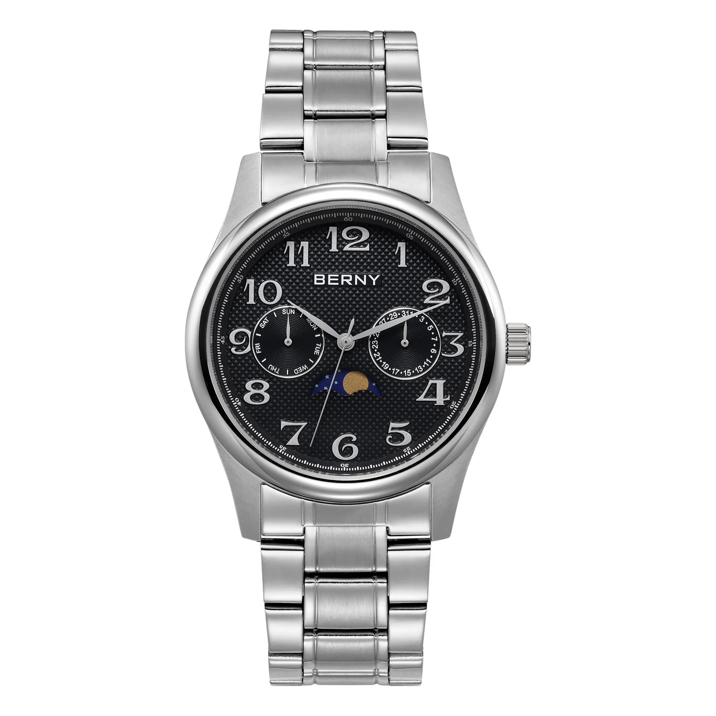 BERNY Watches for Men Moon Phase Quartz Men's Watch Day and Date Calendar Easy Read Vintage-Style Business Dress Wristwatch
