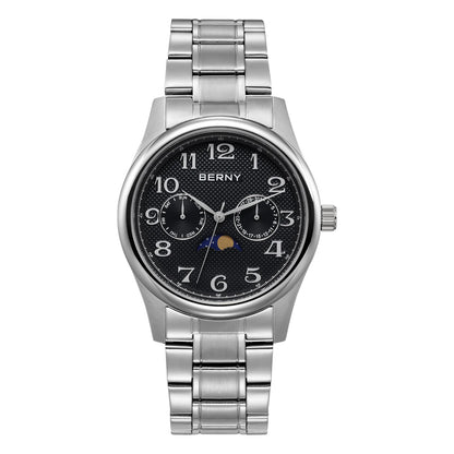 BERNY Watches for Men Moon Phase Quartz Men's Watch Day and Date Calendar Easy Read Vintage-Style Business Dress Wristwatch