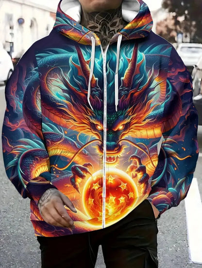 Sweatshirt com capuz e fecho de correr para homem, com estampado de dragão, cordão ajustável, manga comprida, corte oversize, para atividades ao ar livre e viagens, outono/inverno