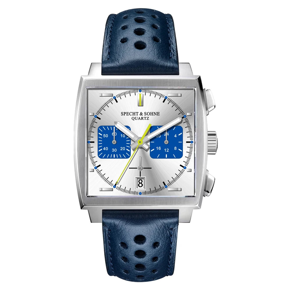 Specht & Sohne New Classic herreur med kvartsværk, blå, rustfrit stål, japansk VK63-værk, ægte læder, Montre Homme 39 mm