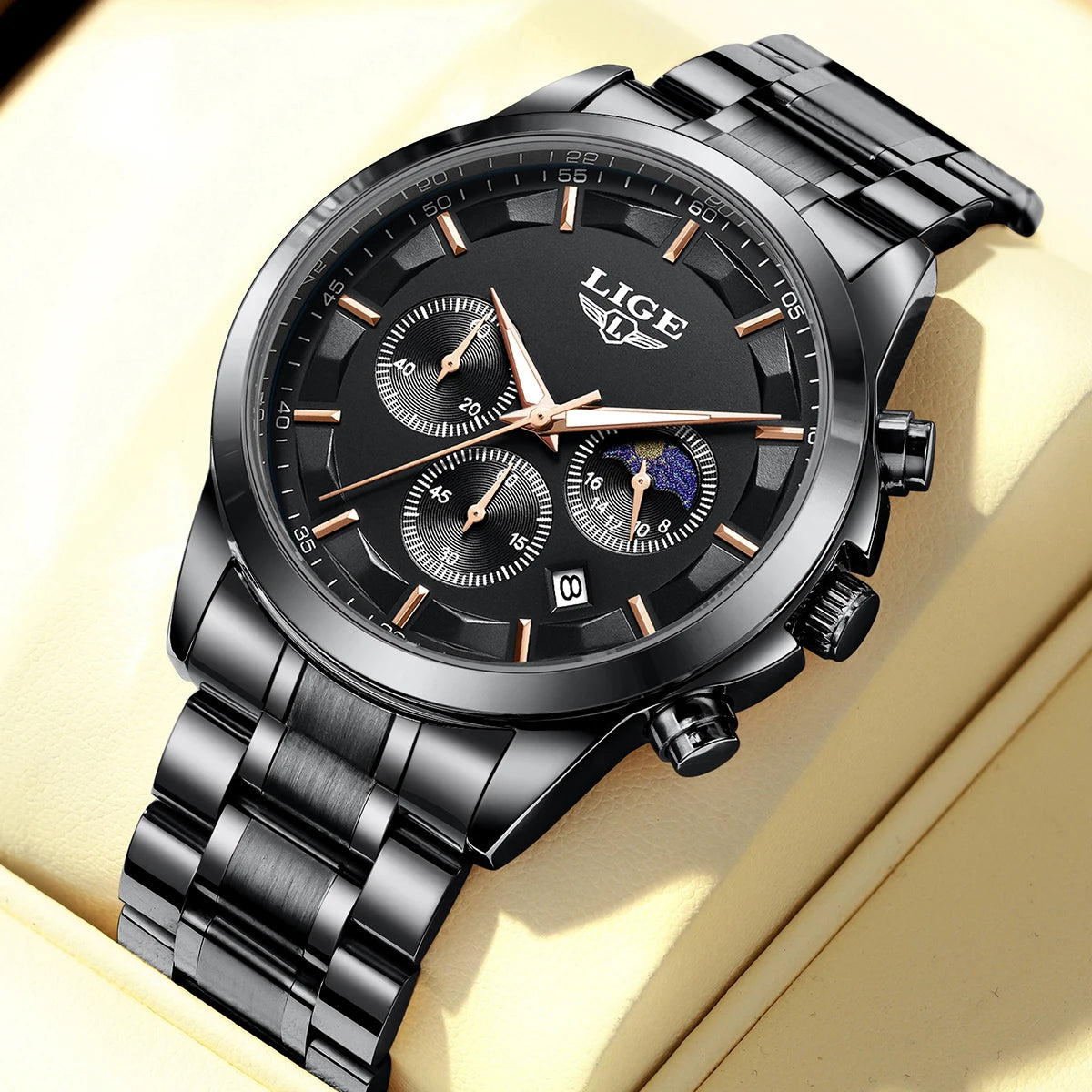 Reloj para hombre LIGE: cronógrafo de cuarzo de lujo, resistente al agua (3 bares), con agujas luminiscentes