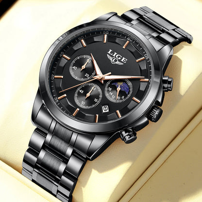 Reloj para hombre LIGE: cronógrafo de cuarzo de lujo, resistente al agua (3 bares), con agujas luminiscentes