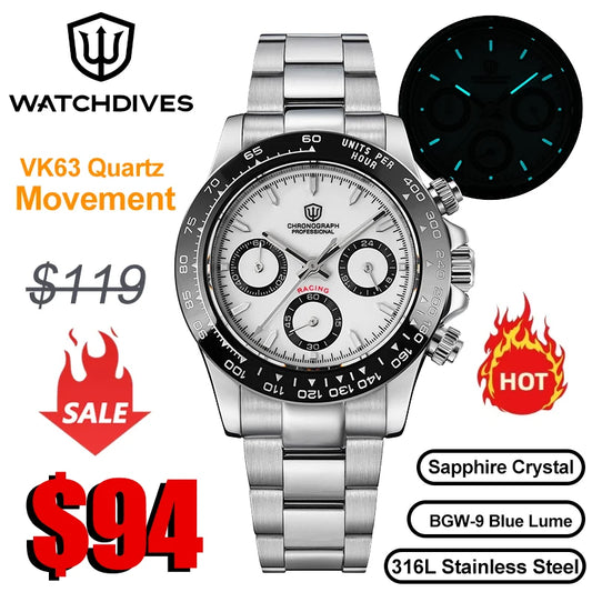 Watchdives WD16500 V2 Men Watch VK63 Quartz Movement Chronograph Wristwatch Stainless Steel Sapphire Crystal Luminous  Watches