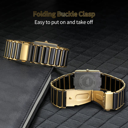 BERNY Ceramic Quartz Men Watch Fashion Luxury Rectangle Wristwatch XV12 Waterproof Calendar Diamon Black Gold Couple Gifts Watch