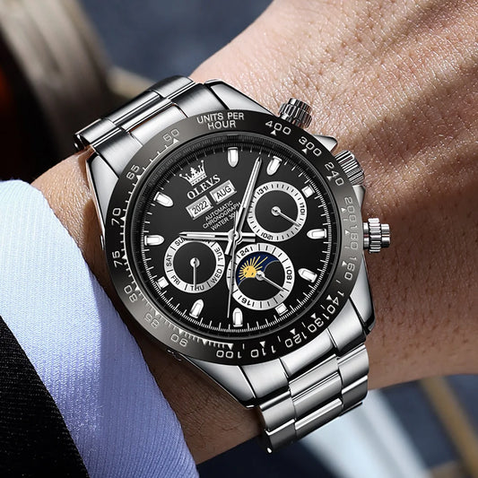 Montre pour homme OLEVS 6654 – Chronographe mécanique automatique, étanche, avec affichage de la date et fonctions lumineuses – Montre de marque haut de gamme, style sportif