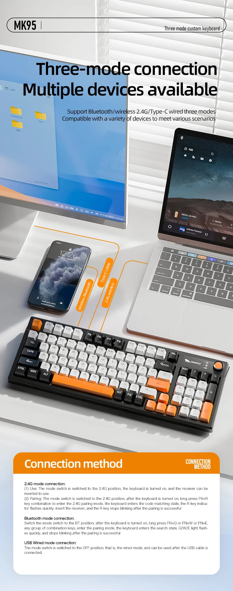 SMAILWOLF MK95 Bluetooth Wireless Three-Mode Mechanical Keyboard Arabic Russian Korean Thai Spanish Keyboard E-Sports Game