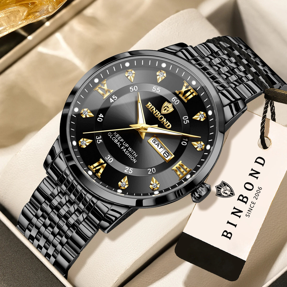 Montre-bracelet à quartz de luxe BINBOND pour homme – Étanche, lumineuse, avec affichage du jour de la semaine – Style business, sport, mode et décontracté