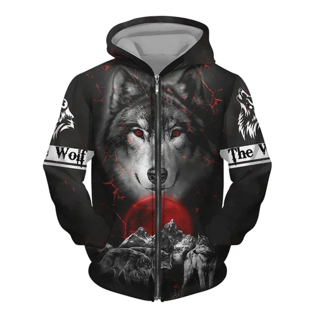 New 3D Wolf Print Men's Hooded Sweatshirt Street Punk Style Zip-up Jumper Oversized Jacket Coat Stylish Vintage Clothes Zip Coat