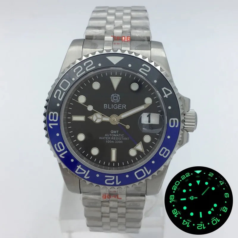 BLIGER 40mm NH34 GMT Watch For Men Mechanical Wristwatch Luminous Bezel Sapphire Glass Stainless Steel Bracelet Reloj Hombre