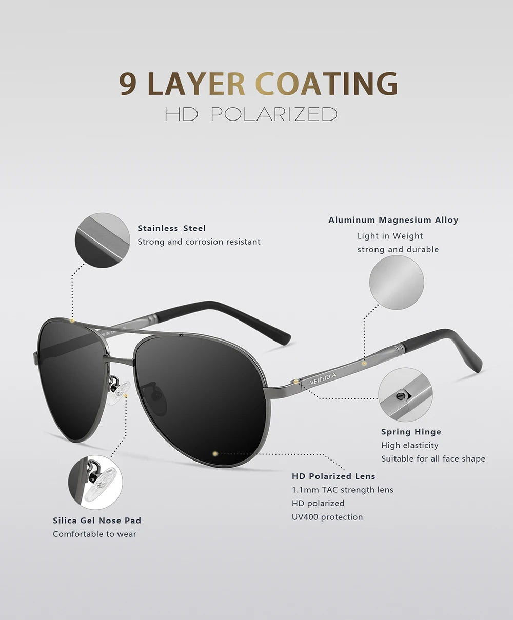 VEITHDIA Men's Polarized UV400 Sunglasses Vintage Designer Goggle Classic Fashion Outdoor Driving Sun Glasses For Male VT1306