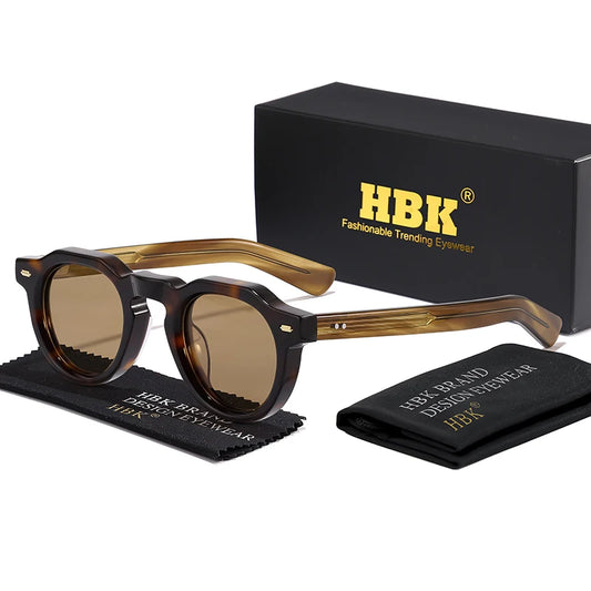 HBK Vintage Simple Round Men Sunglasses Small Frame High-Quality Acetate Frame Sun Glasses Women Party Travel Outdoor Glasses