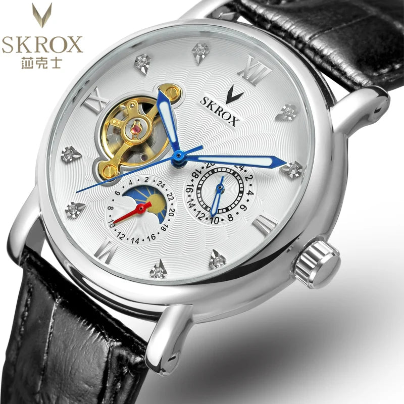 Luxe automatisch mechanisch herenhorloge van een bekend merk, voorzien van een tourbillon, een maanfase-indicator en diamanten – een elegant polshorloge.