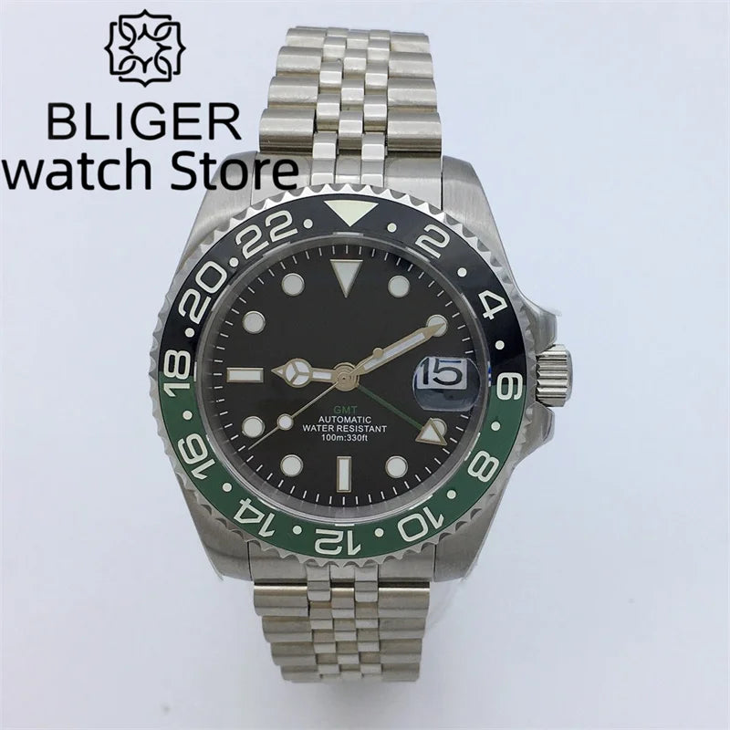 BLIGER 40mm NH34 GMT Watch For Men Mechanical Wristwatch Luminous Bezel Sapphire Glass Stainless Steel Bracelet Reloj Hombre