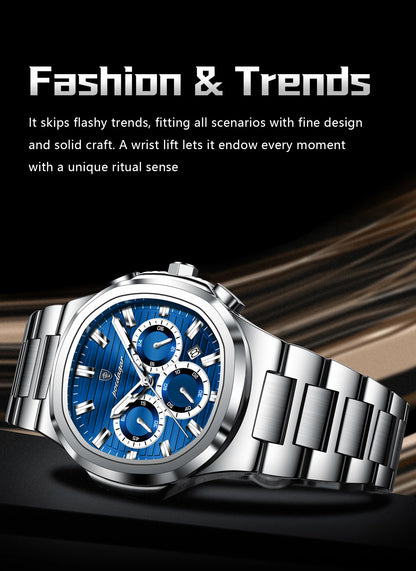 POEDAGAR Men’s Luxury Stainless Steel Quartz Watch  Waterproof Chronograph with Luminous Dial & Date