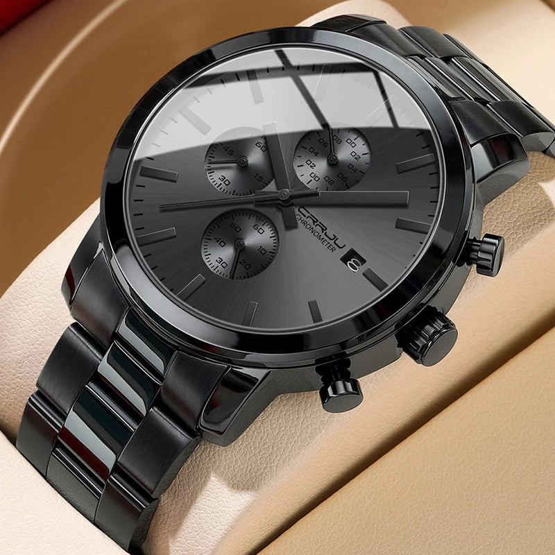 Vyriškas laikrodis CRRJU – nerūdijančio plieno chronografas, atsparus vandeniui, su datos rodikliu, analoginis kvarcinis mechanizmas, elegantiškas ir profesionalus stilius