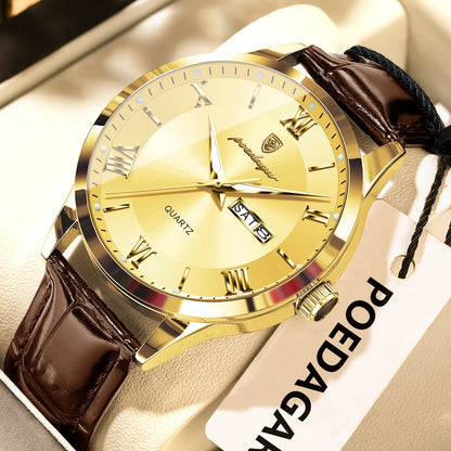 Montre homme tendance POEDAGAR, bracelet en cuir, date et semaine, montre à quartz de luxe, étanche, lumineuse, style business décontracté.