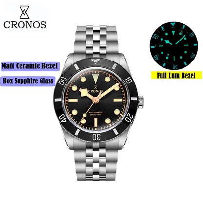 Cronos Luxury Men's Watches 37mm Diver BB54 Vintage Automatic Matt/ Aluminum Bezel Female End Links Sapphire 20 Bar L6033 M