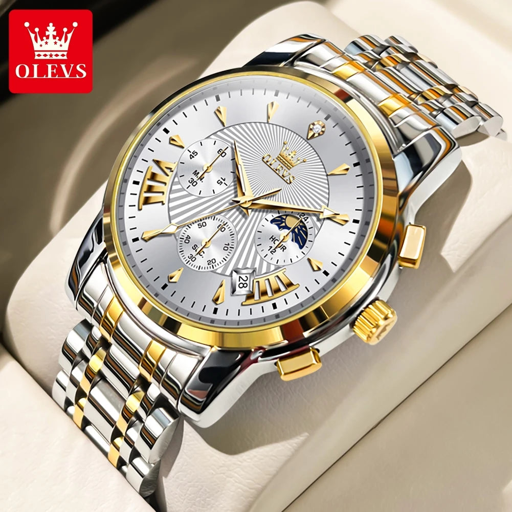 OLEVS – Modische rote Herrenuhr, luxuriöse Sportuhr, wasserdicht, Edelstahl-Chronograph, Quarz-Uhr, Herrenuhr (Relogio Masculino)