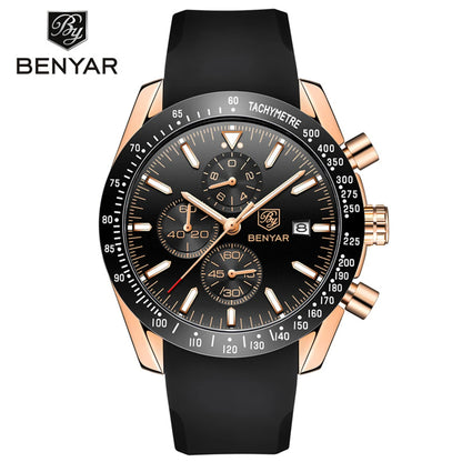 Relojes de lujo para hombre BENYAR: relojes de pulsera de cuarzo con correa de piel, resistentes al agua hasta 30 m, estilo deportivo.