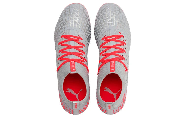 Chaussures de football Puma Future 4.2 Netfit, bout rond, à lacets, multi-sol, basses, MG, grises et rouges, 105681-01