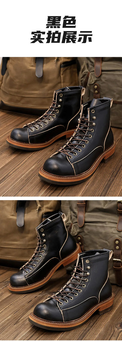 KOWM cowhide Hiking shoes men's walking boot British trekking shoes thick soled cowhide high top motorcycle boots ankle sneakers