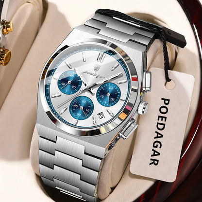 POEDAGAR Herrenuhr – Luxuriöser Chronograph aus Edelstahl, mit Datumsanzeige, wasserdicht und leuchtend – Sportliche Quarz-Armbanduhr
