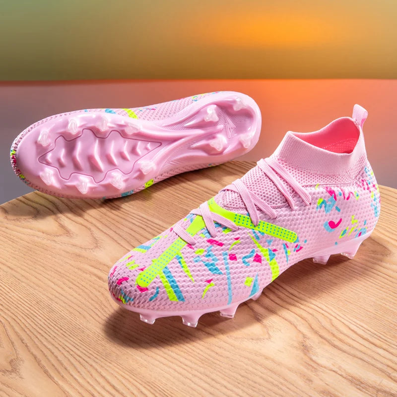 Chaussures de football mi-hautes FG pour terrain ferme, empeigne texturée imprimée graffiti, bottes de football à lacets, crampons durs transparents professionnels