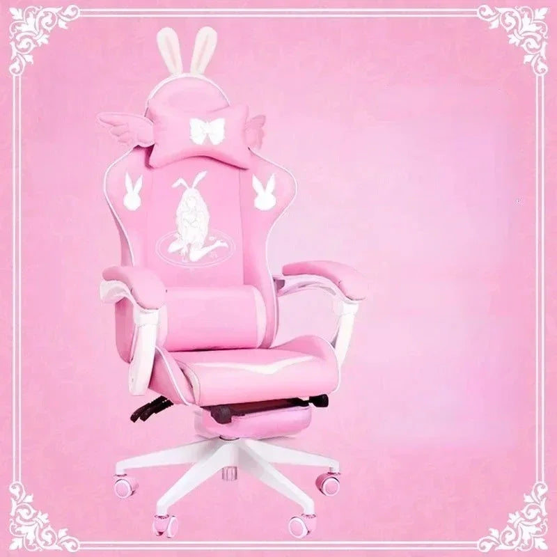 Pink Gaming Chair for Girls with Footrest, Comfortable Cartoon Gamer Chair, Adjustable Swivel Computer Chair for Bedroom, Office & Study