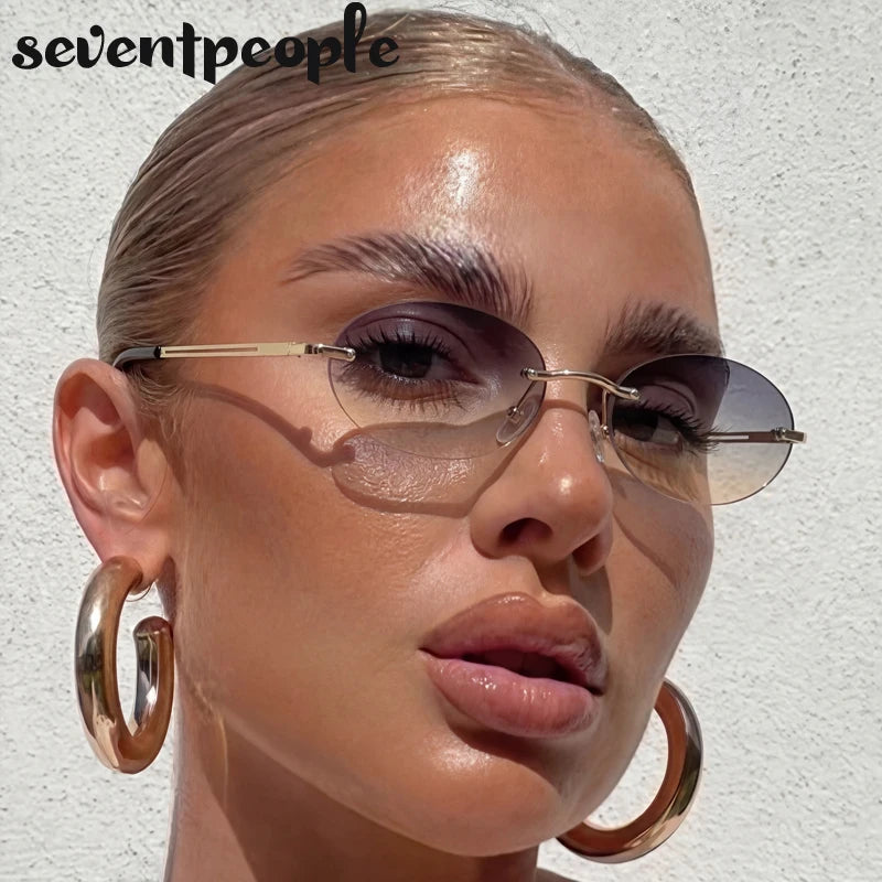 Rimless Oval Sunglasses Women 2026 Luxury Brand Vintage Small Frame Gold Metal Gradient Lens Y2K Punk Streetwear Fashion Eyewear