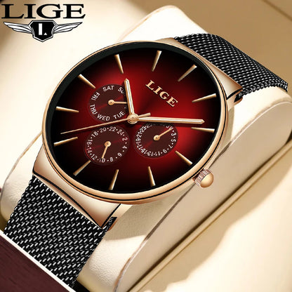 Montre pour femme LIGE, élégante et tendance – Style sport-décontracté, bracelet en maille, mouvement à quartz, affichage de la date et du jour, étanche.