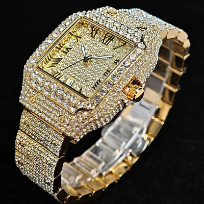 Hot UNIGUET Men's Square Watch Luxury Hip Hop Diamond Jewelry Waterproof Stainless Steel Quartz Wristwatch Fashion Man Accessory