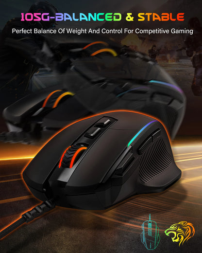 E-YOOSO X49 kabelgebundene Gaming-Maus, 12400 DPI einstellbar, RGB-beleuchtet, 8 programmierbare Tasten, ergonomische Gamer-Maus für PC und Laptop