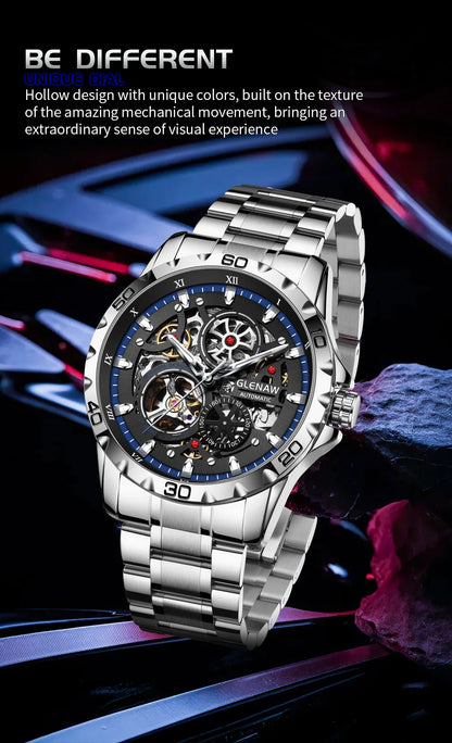 GLENAW Steampunk Skeleton Men's Watch Ring Luxury Automatic Mechanical Watches Luminous Waterproof Stainless Steel Strap Watch