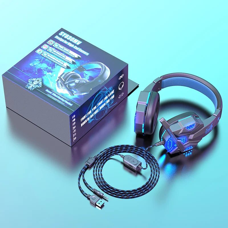 Casque de jeu avec éclairage RGB, double interface USB et prise jack 3,5 mm, casque de jeu avec microphone, modèle supra-auriculaire pour PC, ordinateur portable, PS4, PS5 et Xbox.