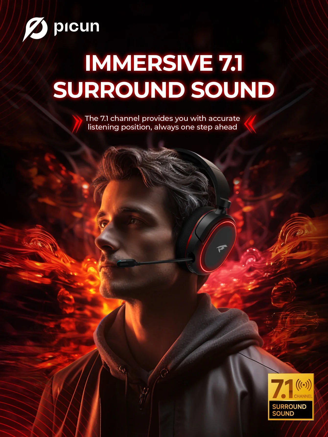 Picun G2 kabelloses Gaming-Headset Bluetooth 5.3 – 7.1-Surround-Sound, ENC-Mikrofon, 100H Akku, Low-Latency-Kopfhörer für PC, PS5, PS4, Switch & Mobile
