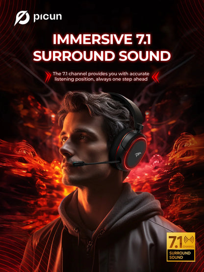 Picun G2 kabelloses Gaming-Headset Bluetooth 5.3 – 7.1-Surround-Sound, ENC-Mikrofon, 100H Akku, Low-Latency-Kopfhörer für PC, PS5, PS4, Switch & Mobile