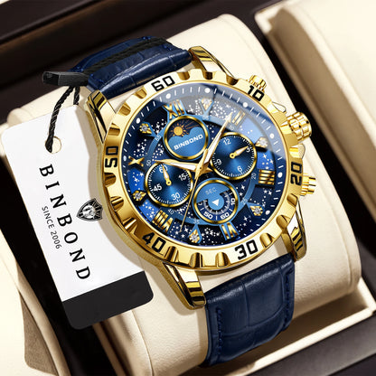 Orologio da polso al quarzo BINBOND, autentico e preciso, da uomo, cronografo di lusso illuminato e impermeabile con cinturino in pelle.