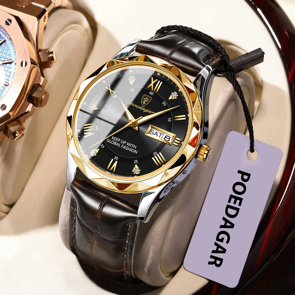 Montre pour homme POEDAGAR, modèle original de luxe : étanche, luminescente, avec affichage de la date et du jour. Montre à quartz au style classique et professionnel, dotée d'un bracelet en cuir.