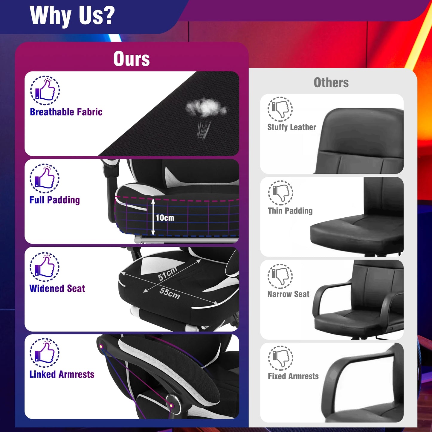 WOLTU Ergonomic Gamer Computer Chair Executive Office Chair Breathable Gaming Chair with Lumbar Cushion Headrest Footrest