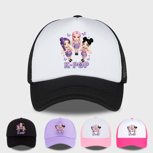 K-POP Cute Cartoon Girl Group Print Sponge Mesh Cap | Unisex Adjustable Mesh Baseball Cap | Y2K K-Pop Fan Street Style Sun Hat