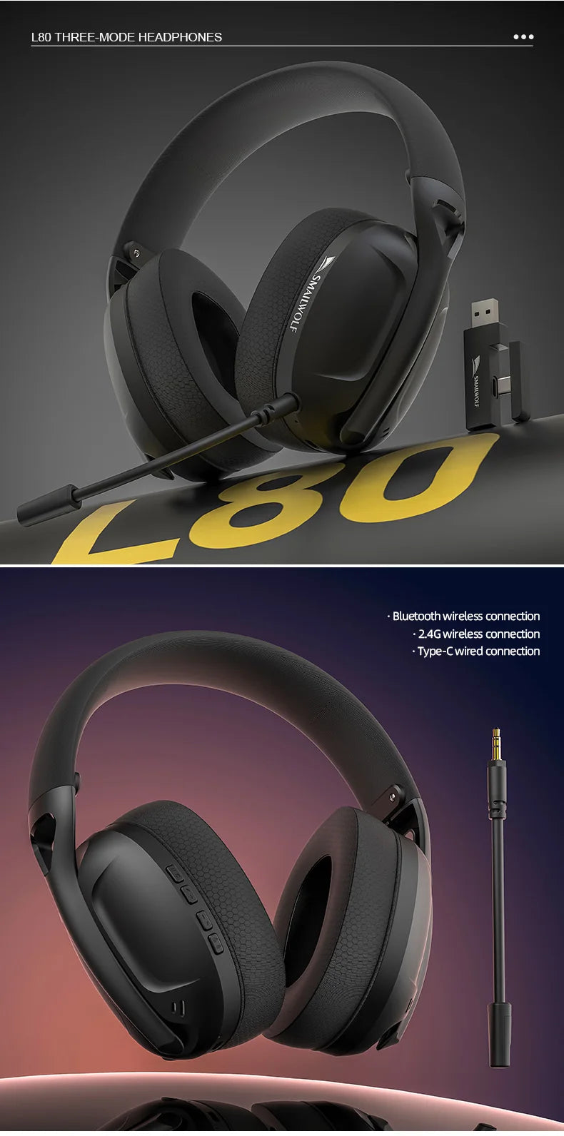 SMAILWOLF L80 Bluetooth wireless three-mode gaming headset, lightweight 185g plug-in microphone e-sports gaming headset