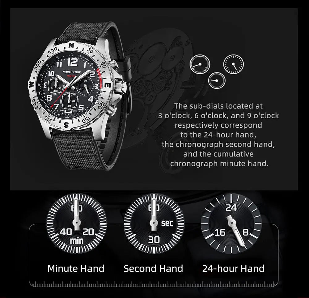 NORTH EDGE  Men's Watches Solar Power 316 stainless steel Case Quartz Watch For Men Pilot Waterproof 50M Stopwatch